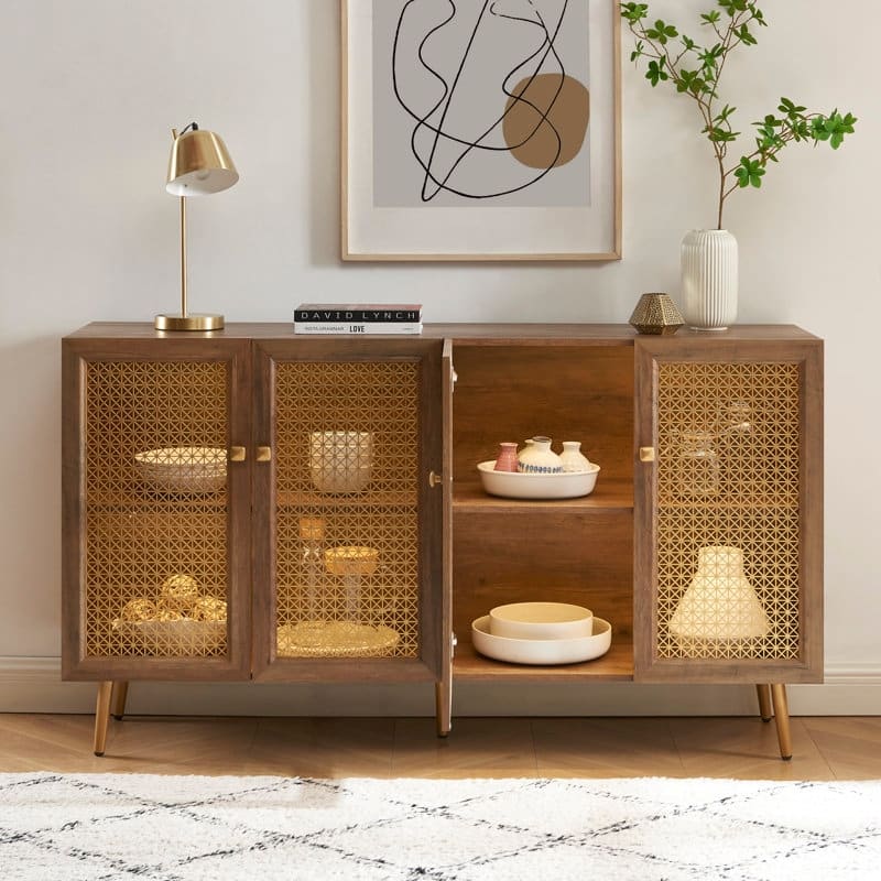 61.7''W Four Door Wood Buffets and Sideboards Storage Cabinet with LED Light