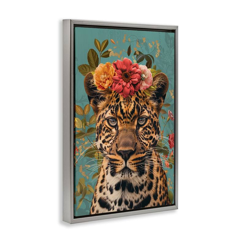Stupell Floral Crown Wild Cheetah Framed Floater Canvas Wall Art Design By LSR Design Studio