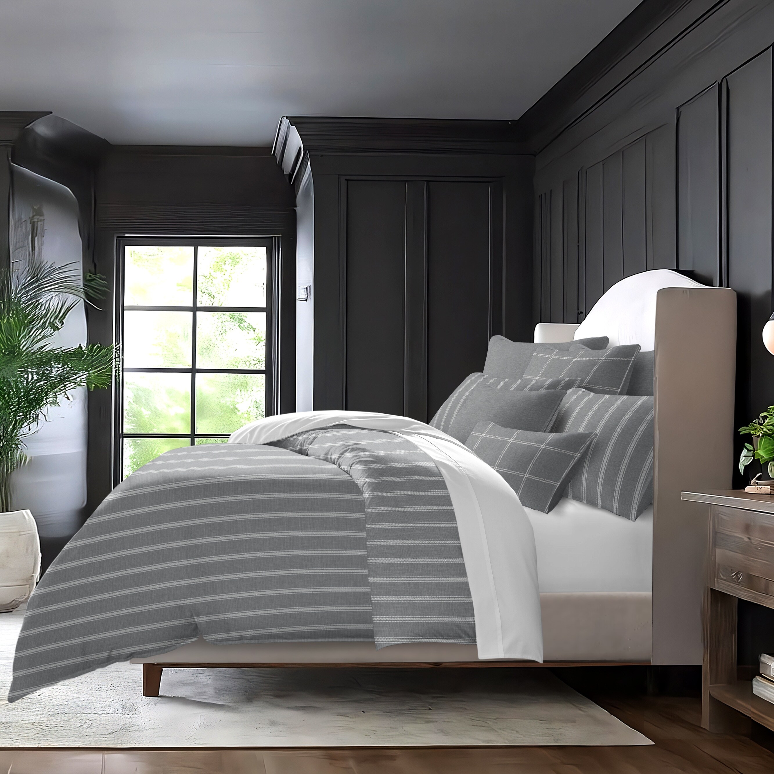 Shay Broad Ticking Stripe Gray Cotton Comforter Set 8 Piece - Bed