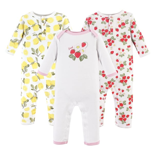 slide 1 of 1, Hudson Baby Infant Girl Cotton Coveralls 3pk, Strawberry Lemon 0 - 3 Months - Yellow/Red