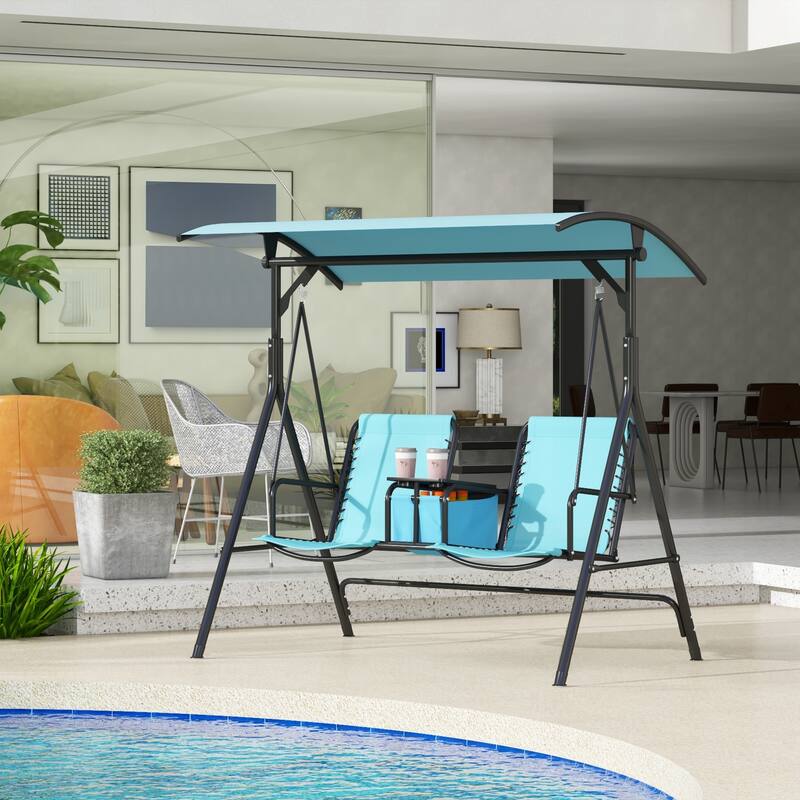 2-Seat Outdoor Canopy Swing Chair with Pivot Storage Table, Cup Holder & Adjustable Shade
