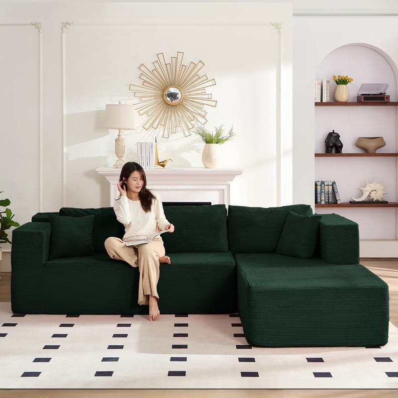 Mixoy W106'' Modern 2-Piece Free Combination Corduroy Upholstered L-Shaped Modular Sectional Sofa with Right Chaise and Pillow