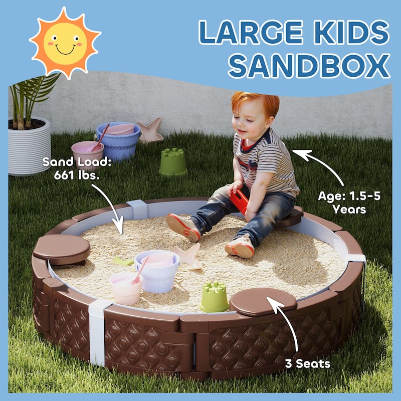 Dark Brown HDPE Kids Sandbox with Four Built In Seats Large Outdoor Play Sandpit with Protective Cover and Bottom Liner