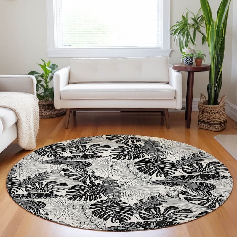 Premium Washable Super Soft Tropical Palm Leaf Mayfield Rug - Black - 8' x 8' - Round