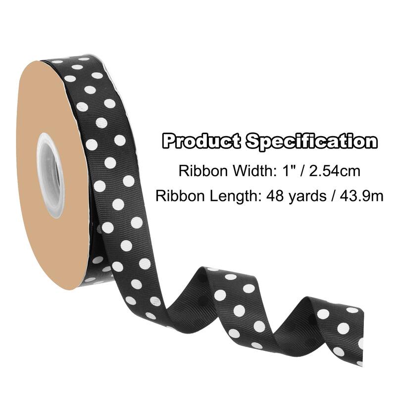 Polka Dot Craft Grosgrain Ribbon, 1 Inch x 48 Yard Grosgrain Ribbon Roll, Wired Edge Ribbon - Black