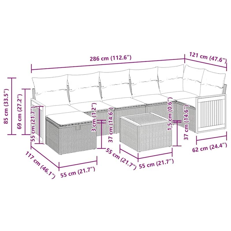 vidaXL 7 Piece Patio Sofa Set with Cushions Black Poly Rattan - 21.7 x 24.4 x 27.2
