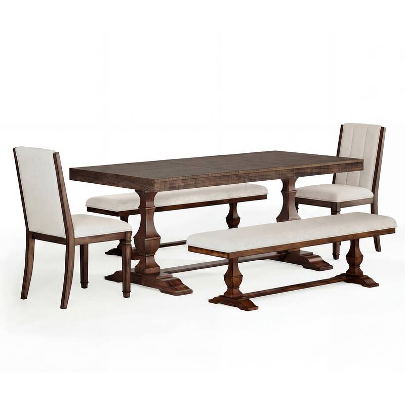 5-pieces Farmhouse Dining Table for 6, 74.8" Kitchen Table Set with 2 Benches and 2 Chairs, Solid Wood Legs and Cushion Seat