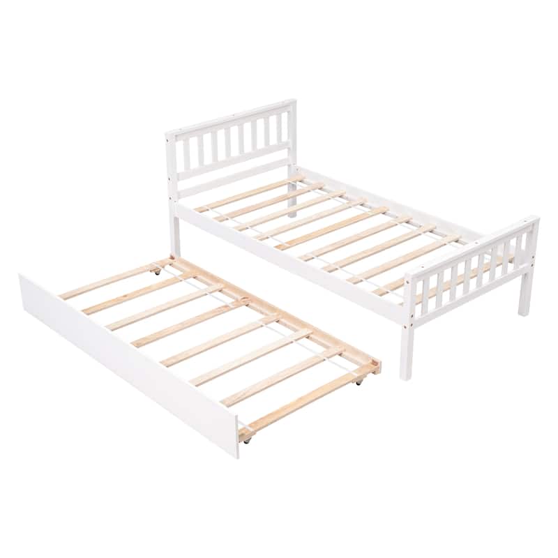Elegance Twin Size Platform Bed Frame with Headboard and Footboard, Pine Wood Bed w/ Trundle Bed