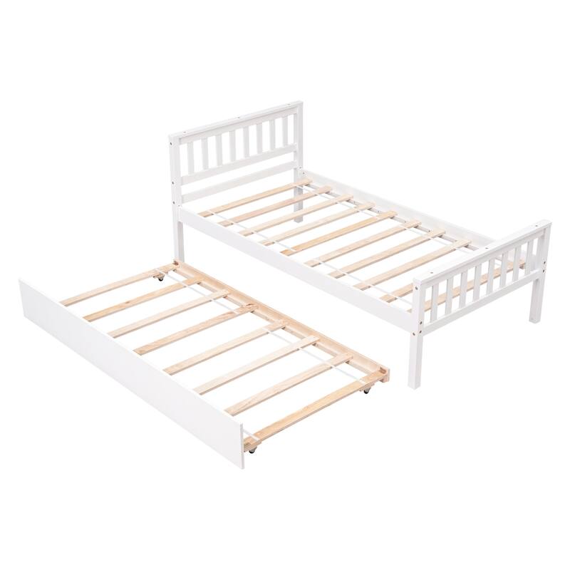 Space-Saving Twin Platform Bed with Pull-Out Trundle, Headboard & Footboard, No Box Spring Needed, White