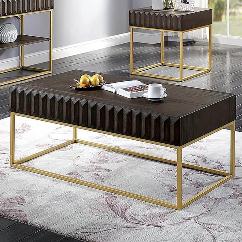 47-inch Walnut and Gold Coffee Table with Concealed Drawers