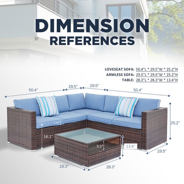 dimension image slide 1 of 2, Outdoor 4-Piece Patio Rattan Conversation Sectional Sofa Set