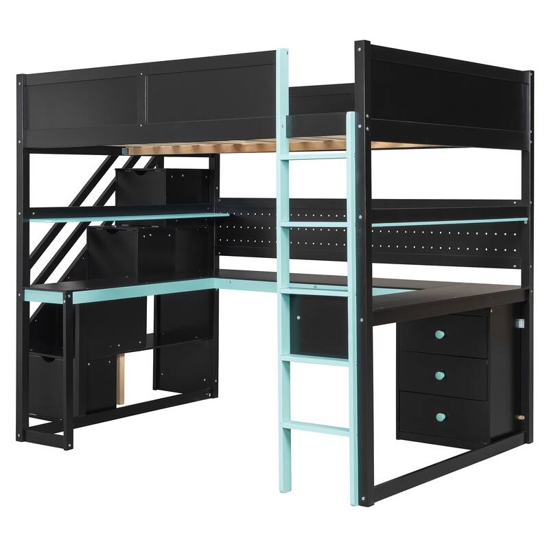 Roomfitters Full Size Gaming Loft Bed, Integrated Desk, Storage Stairs & Pegboard, Esports Inspired Sleeper System