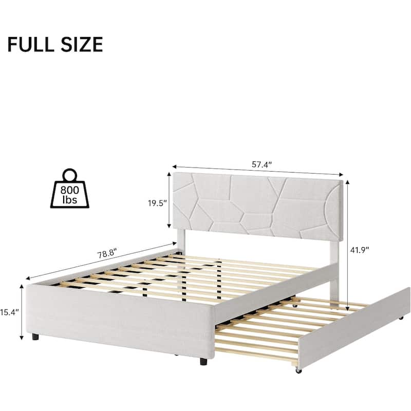 Twin to Full Trundle Upholstered Platform Bed with Headboard, Wood Slat Support, Ideal for Guest or Kids Room