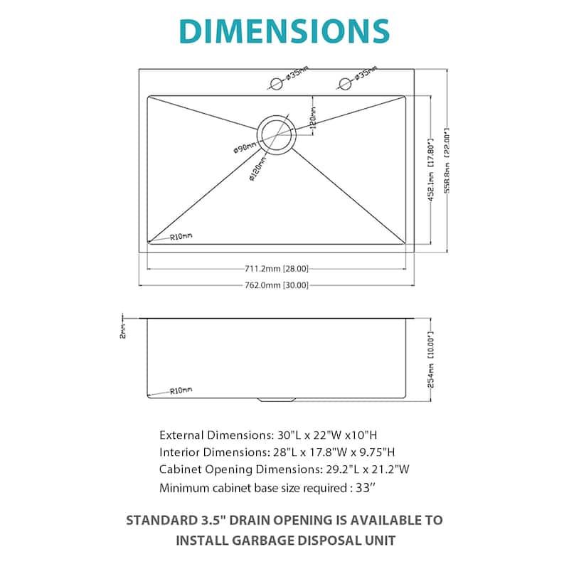 30" Drop-in Kitchen Sink Soap Dispenser 30x22x10 inch Single Bowl 16 Gauge Stainless Steel Topmount Kitchen Sink Basin