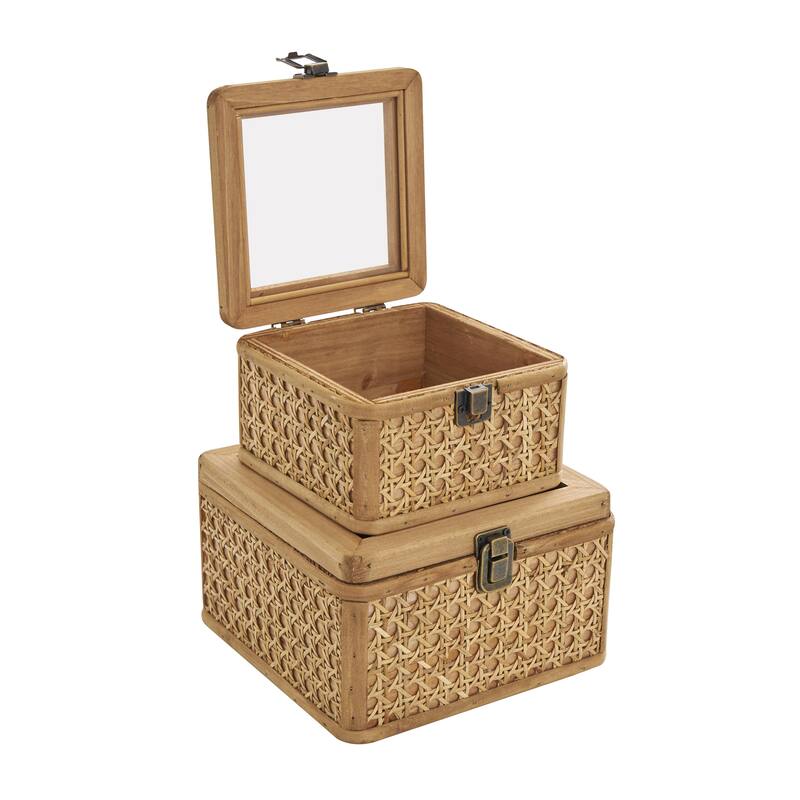 Rattan Handmade Woven Rattan Box with Glass Tops and Bronze Latches - Set of 2 Brown - Roche River Decor