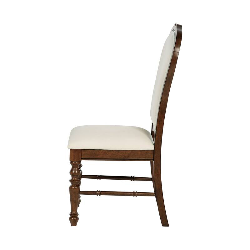 Set of 2 Upholstered Dining Side Chairs with Turned Legs in Rich Brown and Ivory