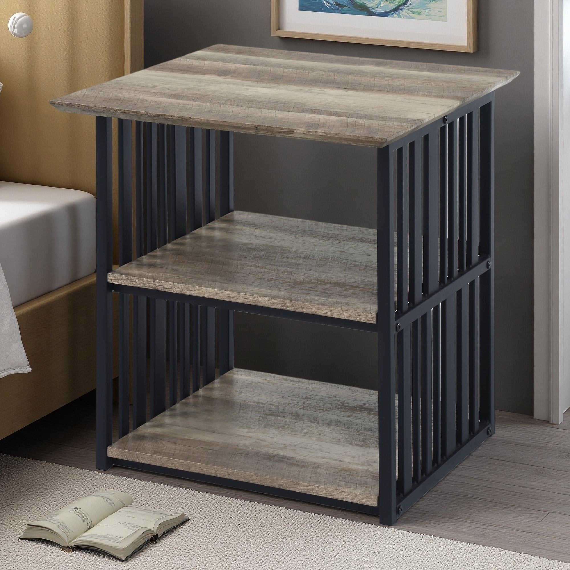22"L MDF & Metal Industrial Nightstand with 2 Open Compartments and Powder-Coated Finish