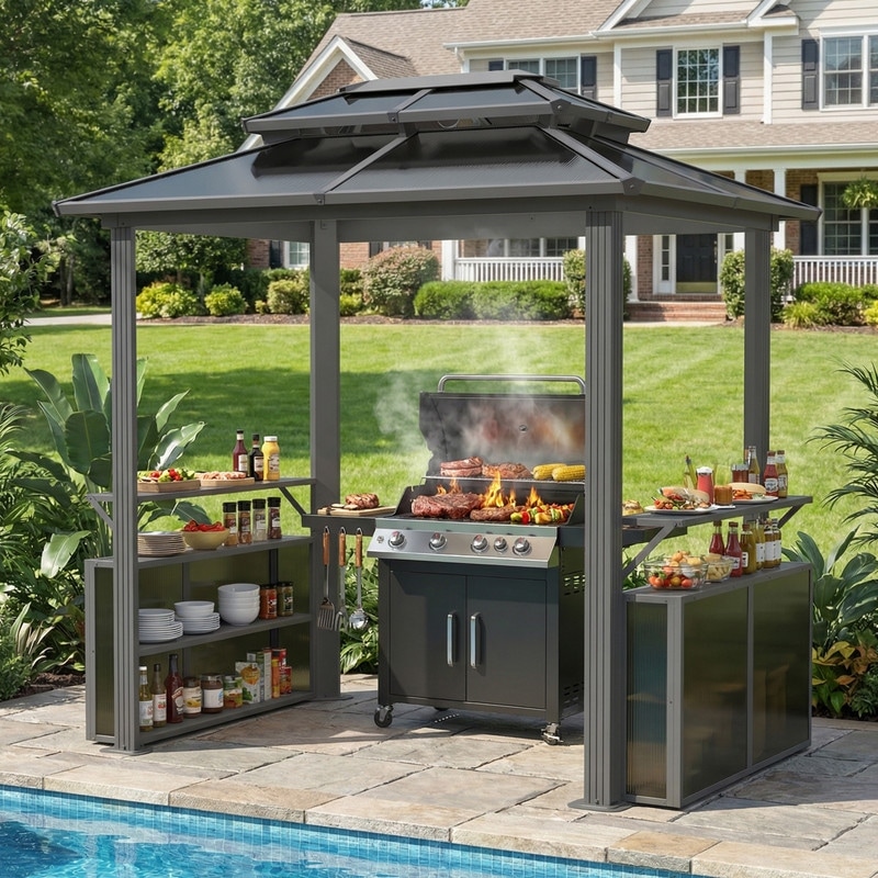 Hardtop Grill Gazebo with Bar & Shelves, Double Roof Metal Patio BBQ Canopy, Wind-Resistant Backyard Outdoor Gazebo