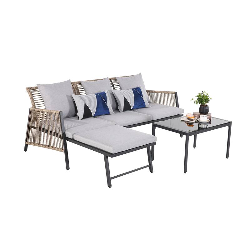Patio Furniture Set - Outdoor Sectional Sofa All Weather Wicker Rattan Conversation Set with Soft Cushions