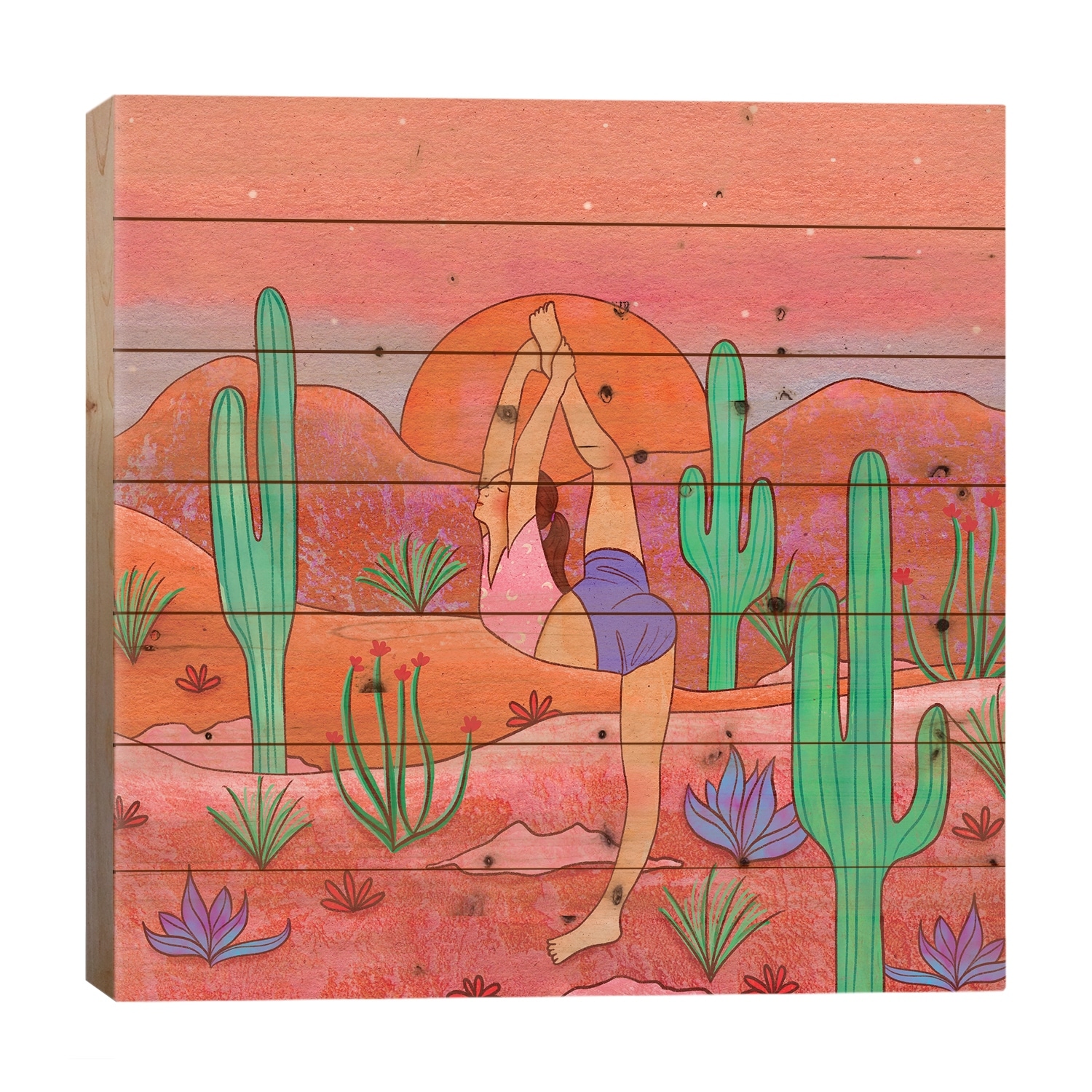 Yoga In The Desert I Print On Wood by Olivia Bürki - Multi-Color