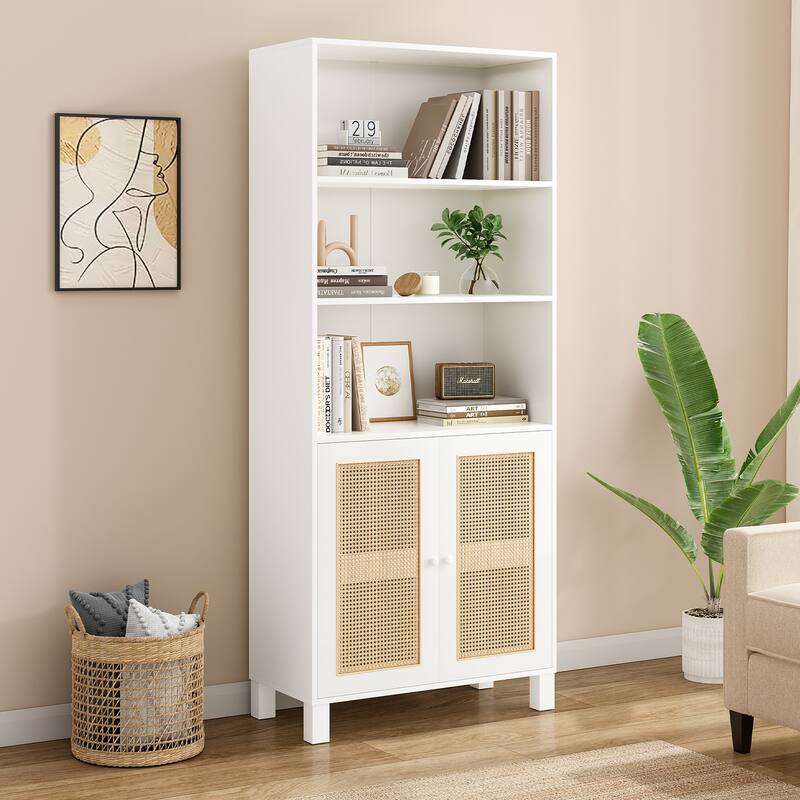 Tall Bookcase with Rattan Doors,5 Tier Storage Wood Shelves Large Bookshelf for Library Living Room Bedroom Home Office