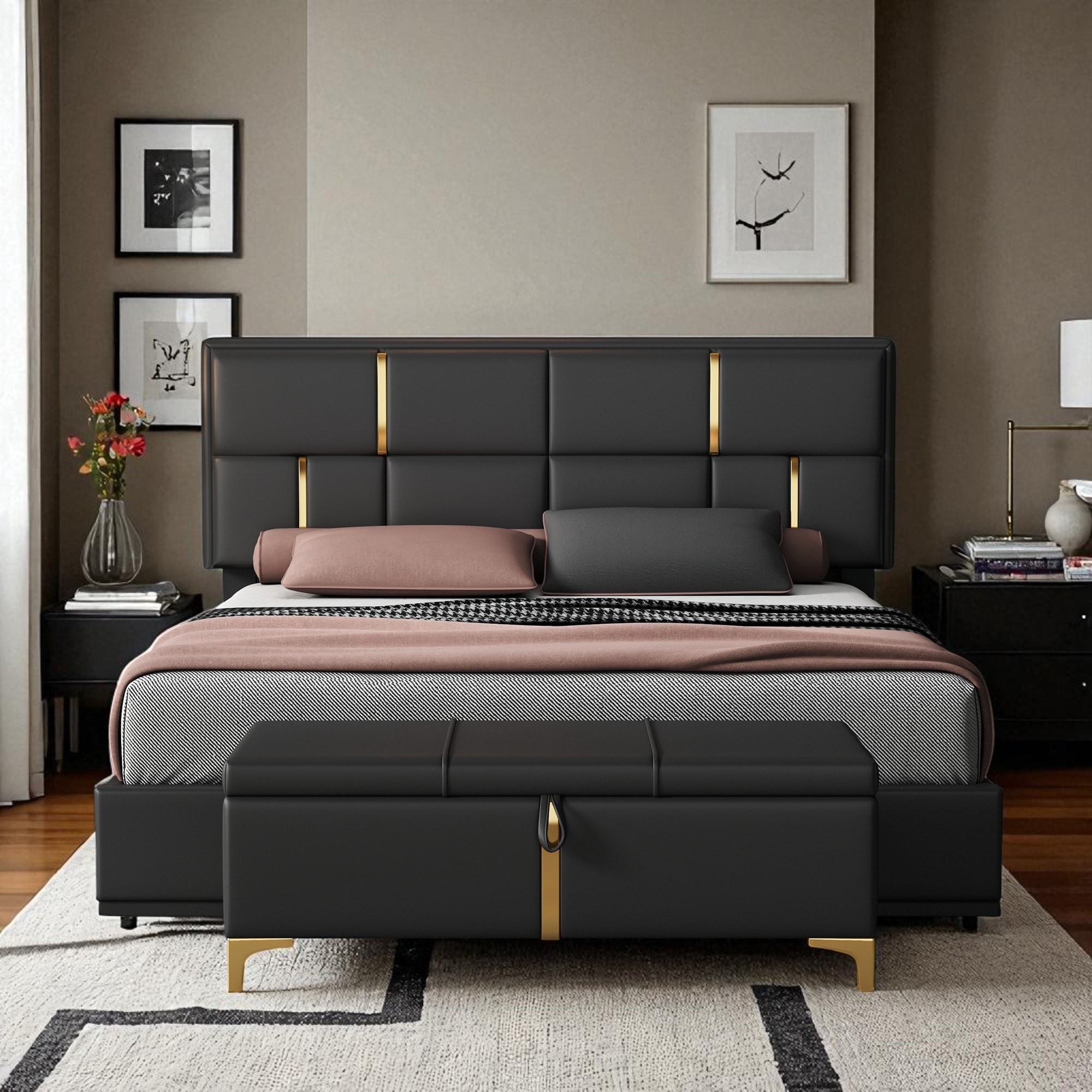 Queen Size Upholstered Platform Bed with Hydraulic Storage and Storage Ottoman, 2-Piece Bedroom Set