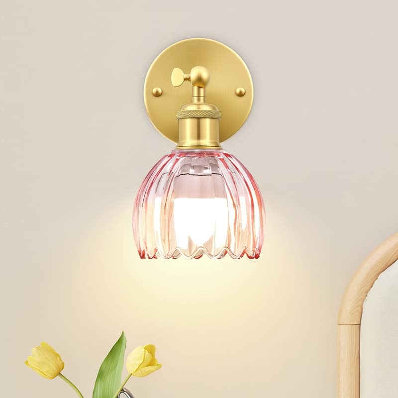 Adjustable Vintage Wall Sconce with Amber Tulip Glass Brass Fixture with Switch Ideal for Bedroom Hallway or Entry