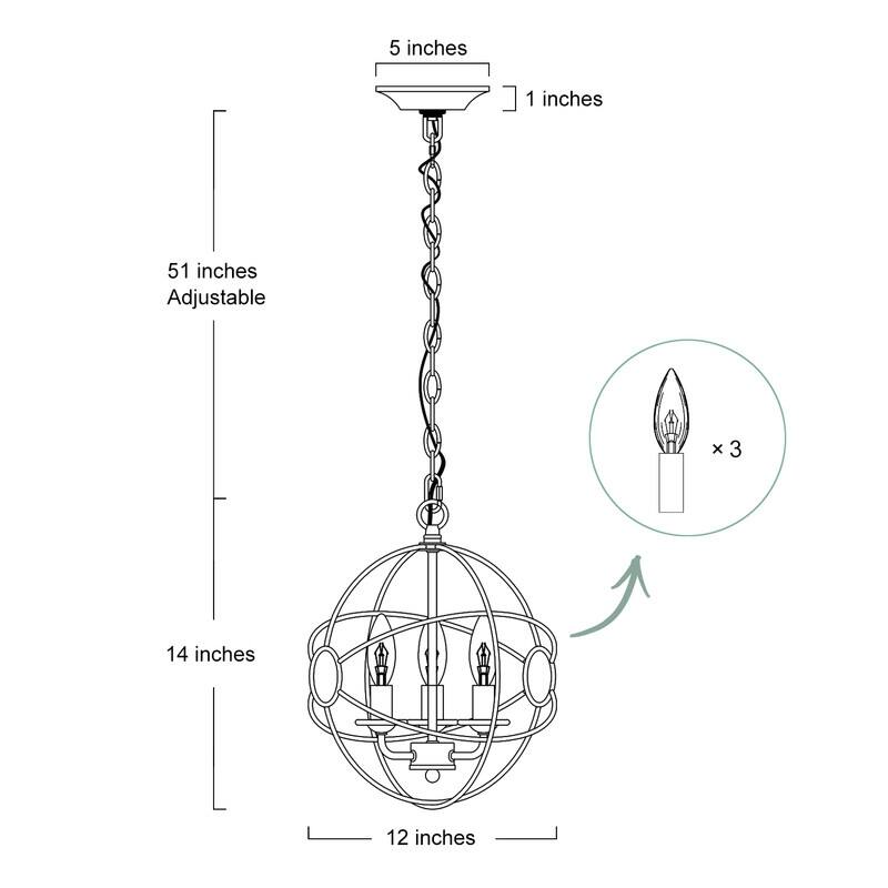 Farmhouse Rustic 3-Light Metal Globe Chandelier Pendant Light for Kitchen Island Dining Room - 12"W x 14"H