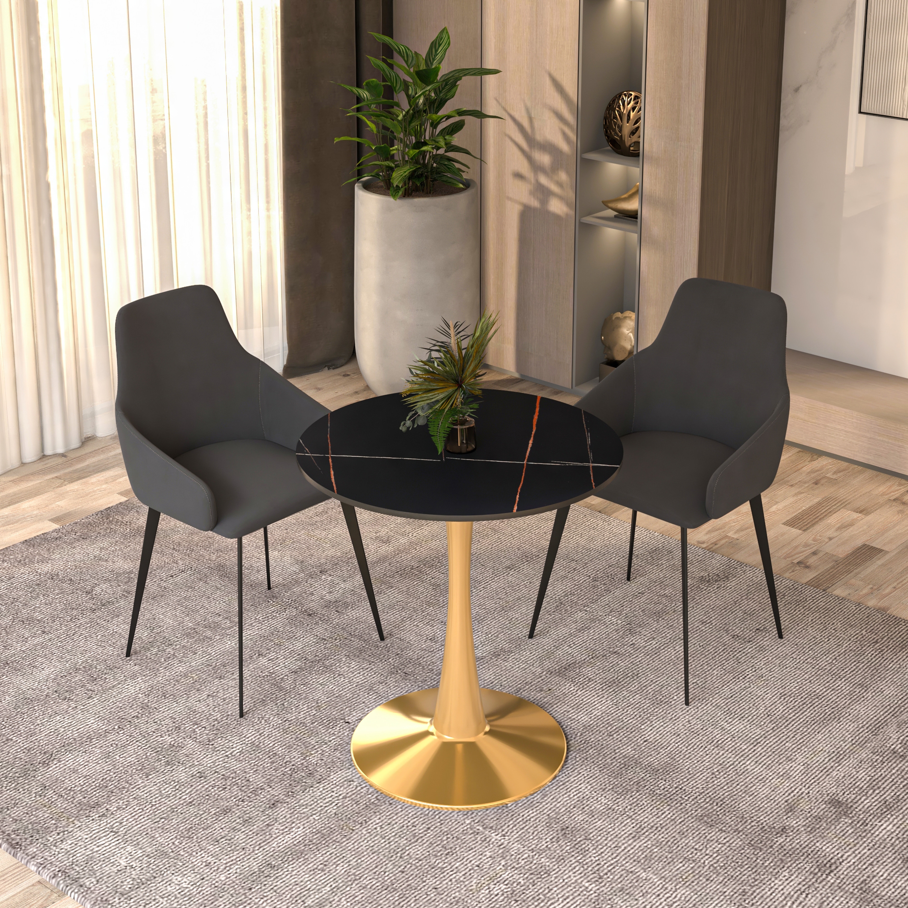 Bristol 28" Modern Round Wood or Stone Dining Table with Gold Tulip Pedestal Base, Mid Century Kitchen Table