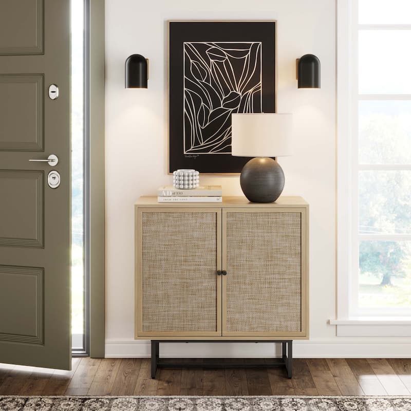 Nathan James Kova Natural Cane Rattan Doors Accent Cabinet with Metal Base and Adjustable Shelf
