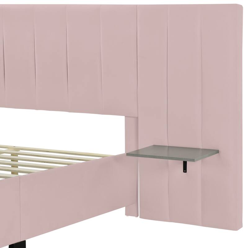 Modern Velvet Upholstered Platform Bed with Large Headboard