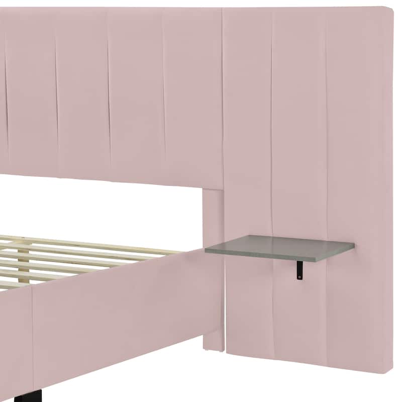 Queen Size Upholstered Platform Bed with Big Headboard, Bedroom Furniture, Velvet, Beige