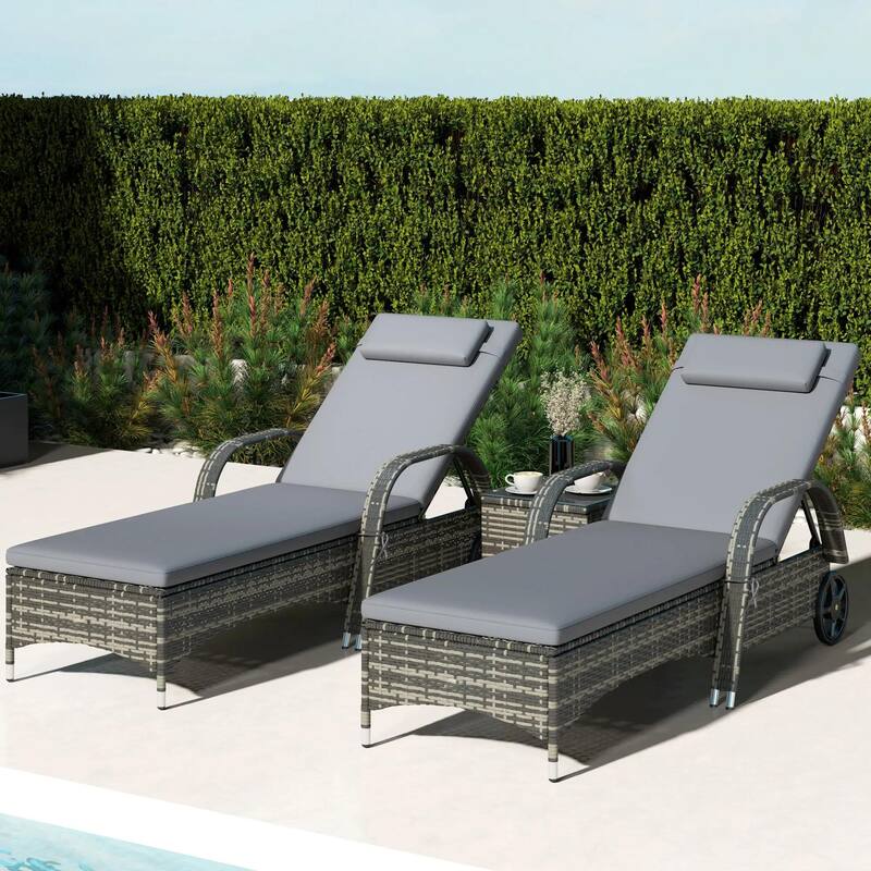Wicker Chaise Lounge Set,Patio Recliners,Adjustable Back,Table,Cushion - Grey