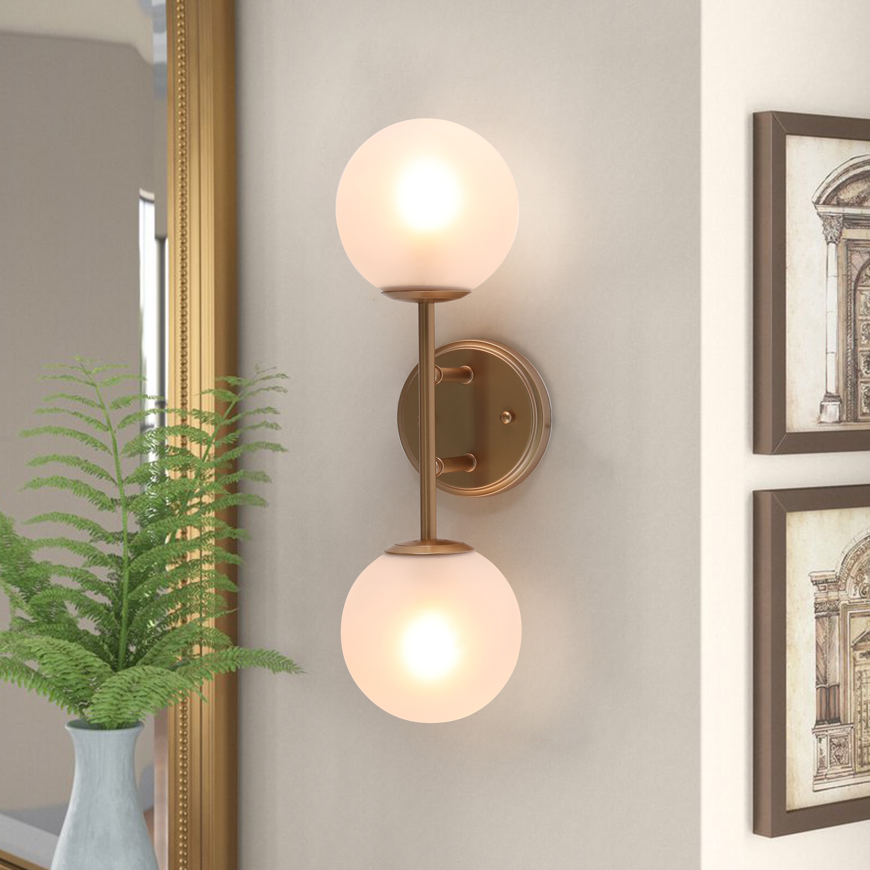 Ciare Modern 2 Light Bathroom Vanity Lights Glam Wall Sconce Rose Gold with Frosted Globe Glass Shade