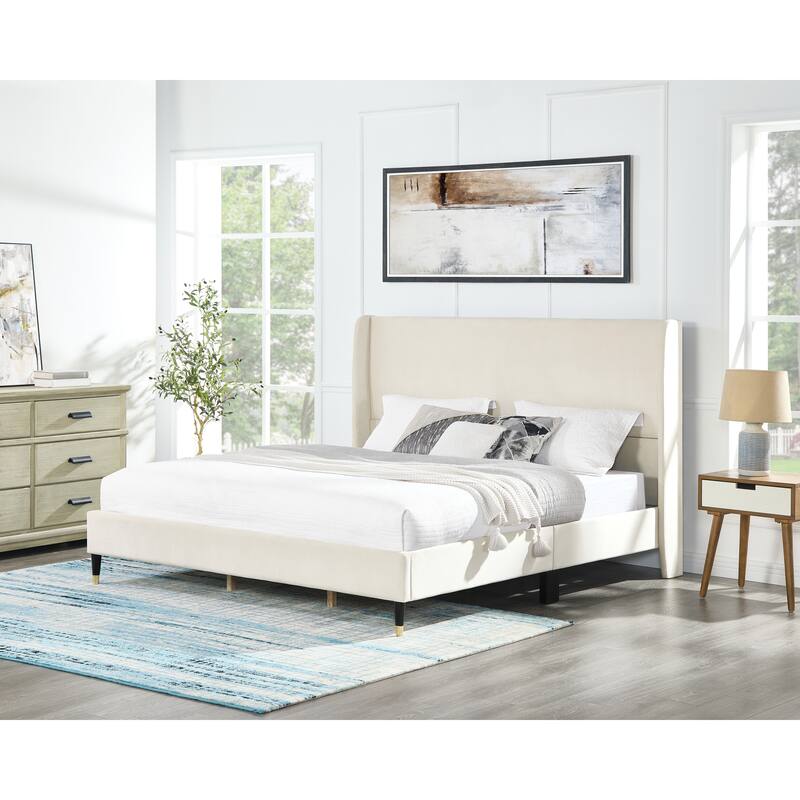 Modern Style Platform Bed with Wingback Design Velvet Headboard for Bedroom - Beige - King