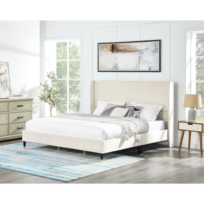Queen Upholstered Platform Bed in Velvet with Wingback Headboard and Gold-Tipped Legs, Modern Low-Profile Design - King Beige - King