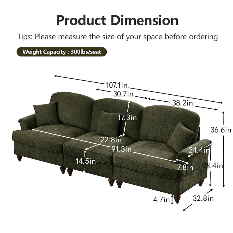 GDFStudio - Elegant Mid Century 3-Seater 107" Chenille Sofa with Flared Arms