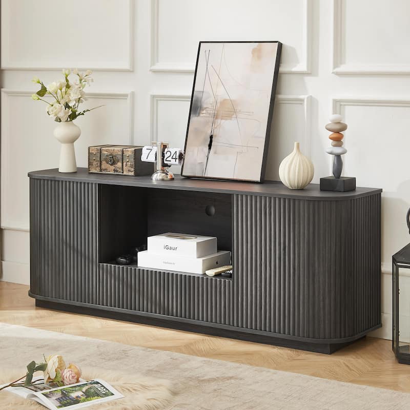 64-Inch Wavy TV Stand, Rounded Sideboard, Storage Cabinet, Wooden Vertical Stripe Cabinet