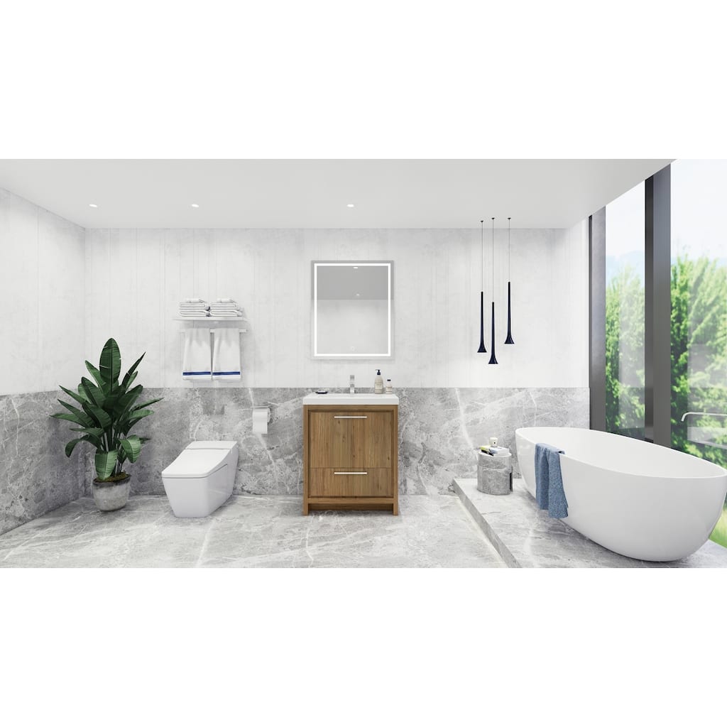 dolce 30 natural oak finish freestanding bath vanity with single basin reinforced acrylic top