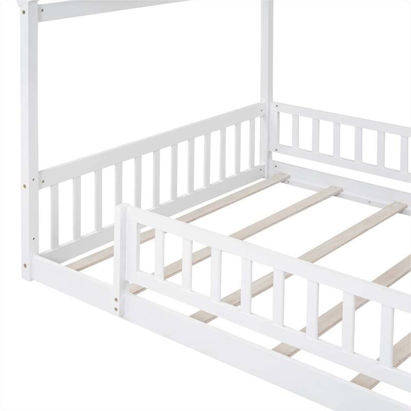Full Size Wood Bed House Bed Frame with Fence