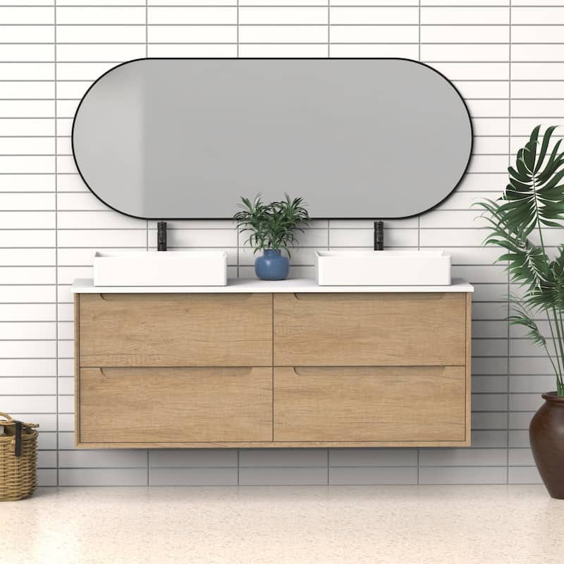 60" Solid Wood Bathroom Vanity with White Quartz Countertop Ceramic Vessel Sink