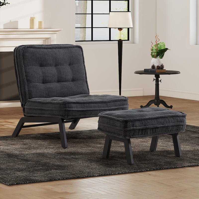 Upholstered Accent Chair with Ottoman, Armless Lounge Chair for Bedroom and Living Room, Comfortable Padded Seat with Wood Legs - Dark Grey