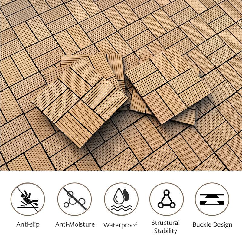 Wood Plastic Composite DIY Interlocking Deck Tiles Set of 20pcs,Composite Decking Resist Rust,Floor Tile,12x12in Wood color