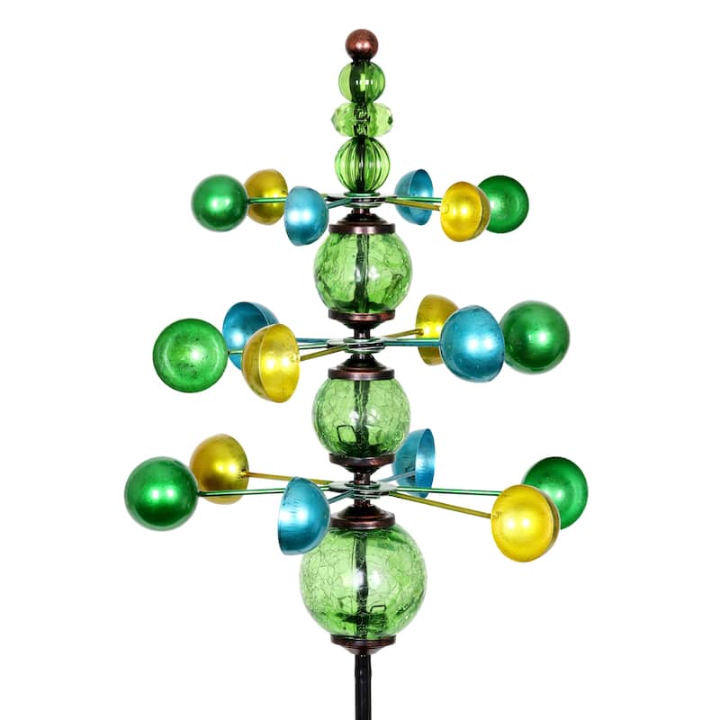 Exhart Three Tier Wind Spinner Garden Stake with Glass Crackle Balls, 14 by 48 Inches
