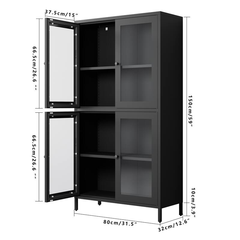 Classic Metal Storage Cabinet Display Cabinet with 4 Glass Doors 4 Shelves Cabinet Bookcase Side Cabinet