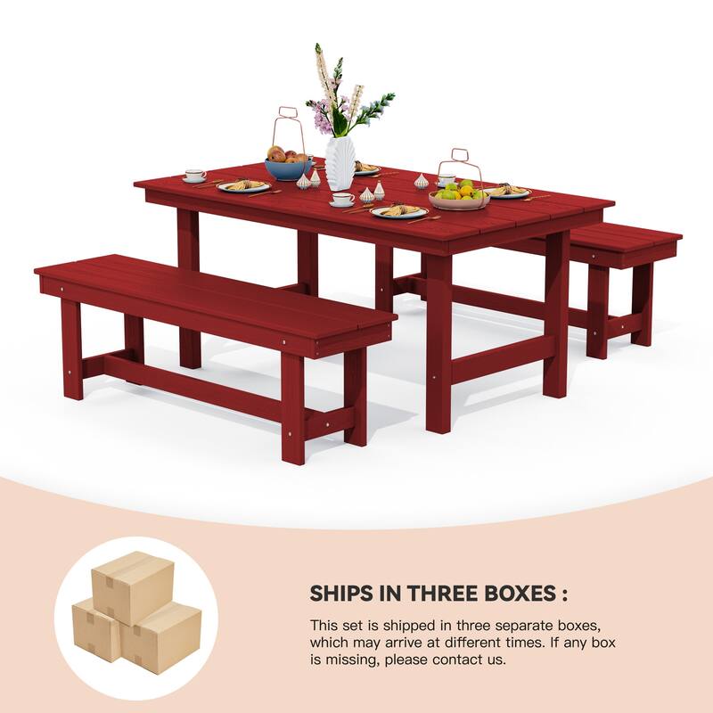 3-Piece HDPE Outdoor Dining Set with Umbrella Hole Table and Two 2-Person Benches