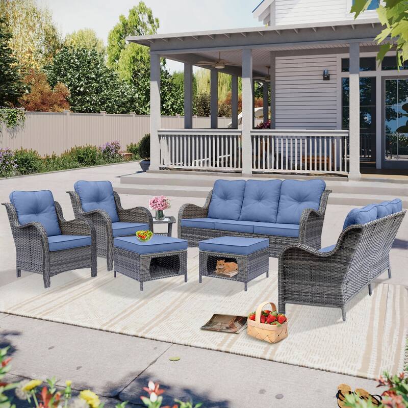 High Back Gray Wicker Outdoor Patio Furniture Sofa Seating Set with Cushions