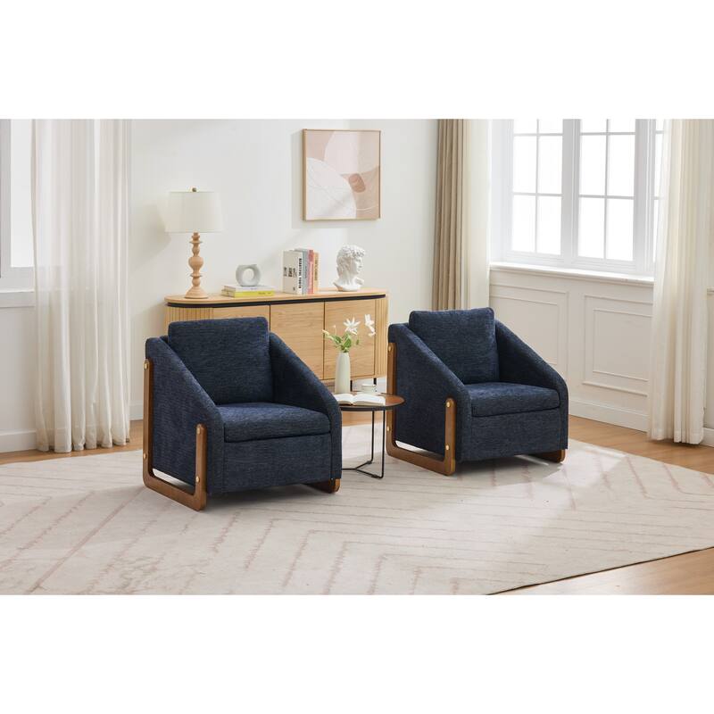 Modern Chenille Upholstered Armchair with Wooden Side Frame, Single Accent Leisure Chair with Backrest for Living Room, Bedroom