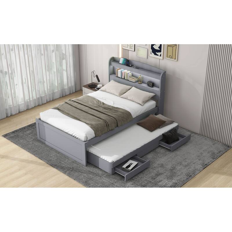 Twin XL Platform Bed with Storage, LED Headboard, Charging Station, Trundle, and Drawers, Gray