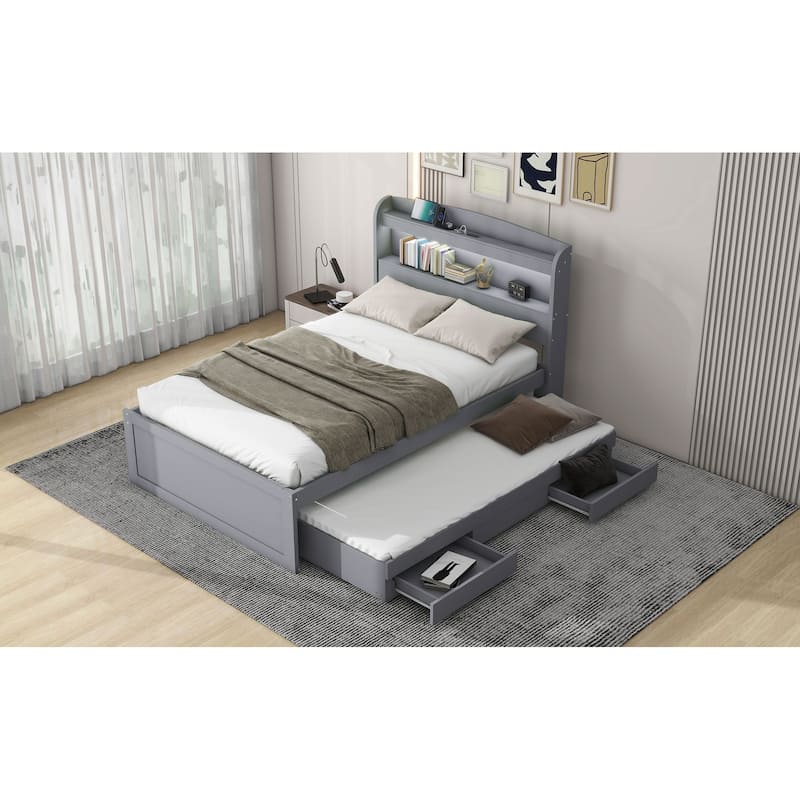 Twin XL Size Platform Bed with Storage LED Headboard, Charging Station, Twin Size Trundle and 2 Drawers - Gray